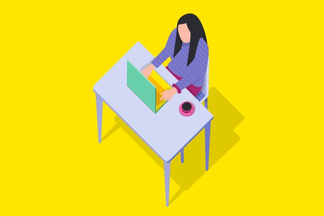 O persoana sta la un birou, lucrand pe un laptop. Biroul este alb, iar pe el se afla o cana roz. Fundalul imaginii este galben stralucitor.